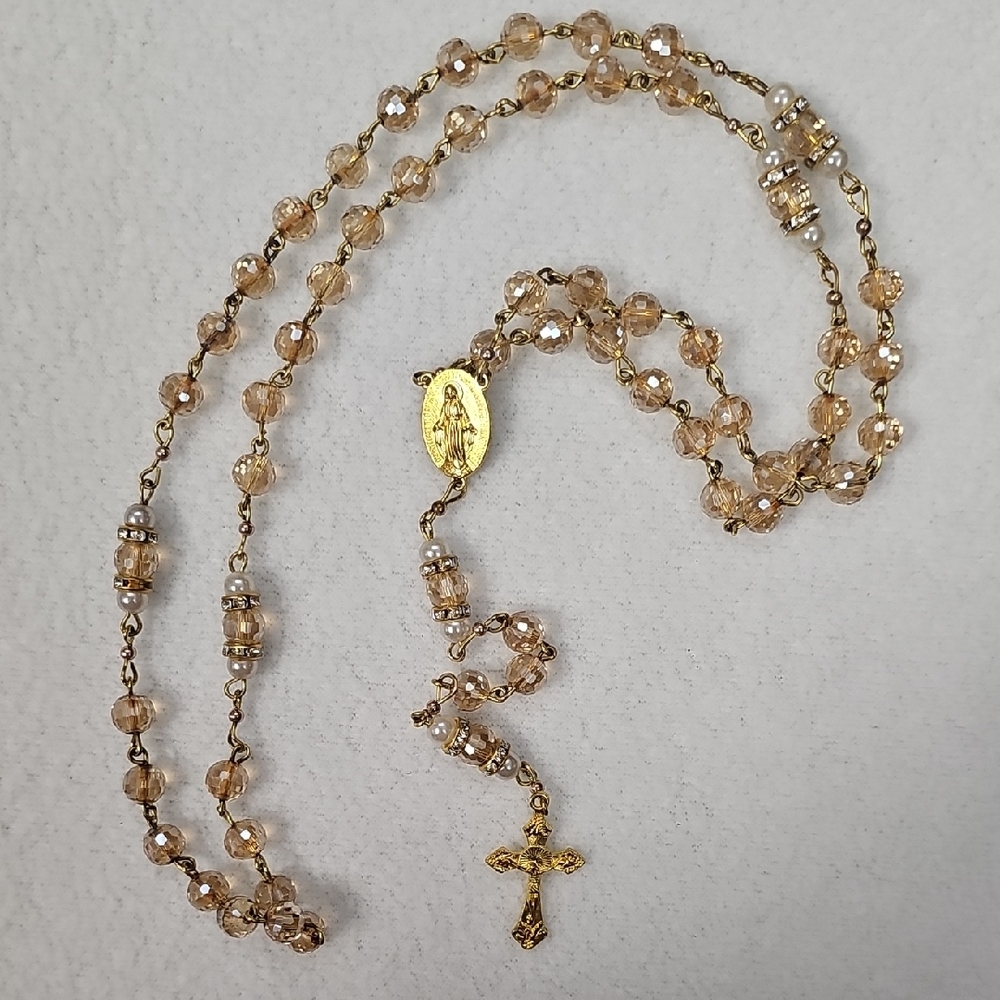 Gold-Tone Beige Crystal Rosary Necklace